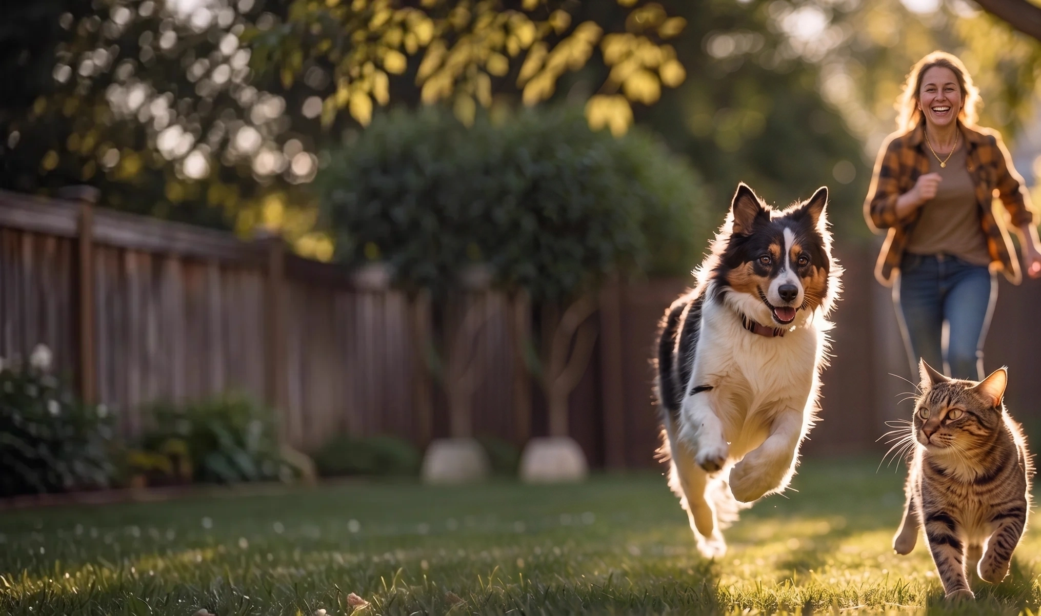 Cão e gato correndo felizes ao lado da tutora em um jardim, à luz natural